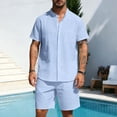 thumbnail image 3 of VBTAPA Mens 2 Piece Cotton Linen Outfits Summer Beach Matching Sets Short Sleeve Button Down Shirts and Shorts Set with Pockets Light Blue XXXL, 3 of 6