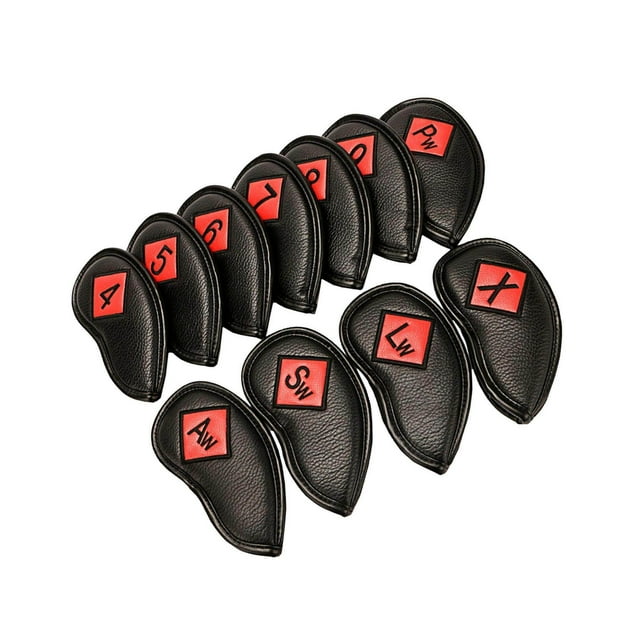 Casque de Golf Tête de Club Fers de Golf Protection de la Tête PU Cuir Autocollant Fermeture Noir + Rouge