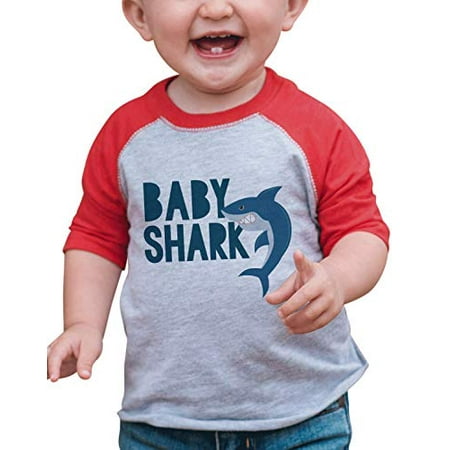 

7 ate 9 Apparel Baby Shark Red Baseball Tee