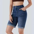 thumbnail image 2 of Yifymode Women's High Waisted Stretchy Bermuda Jean Shorts, Loose Straight Leg Rolled Hem Denim Shorts,Dark Blue S, 2 of 5