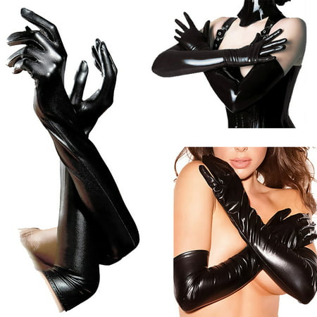 Women Lingerie Wet Look Faux Leather Evening Clubwear Opera Long Gloves Costume Black