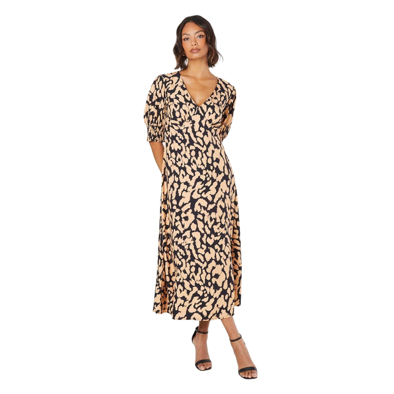 Dorothy Perkins Womens Animal Print Shirred Cuff Midi Dress