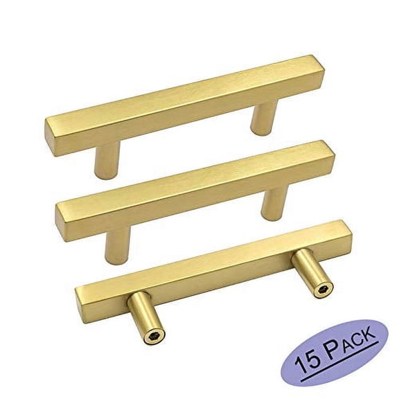 goldenwarm 3in Gold Drawer Pulls Brushed Brass Cabinet Pulls 15 Pack - LS1212GD76 Gold Drawer Knobs Kitchen Hardware Bathroom Cabinet Knobs Door Handle 5in(128mm) Overall Length