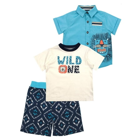 Little Rebels Wild One Button Down, Graphic Tee, and Shorts, 3pc Outfit Set (Baby Boys)