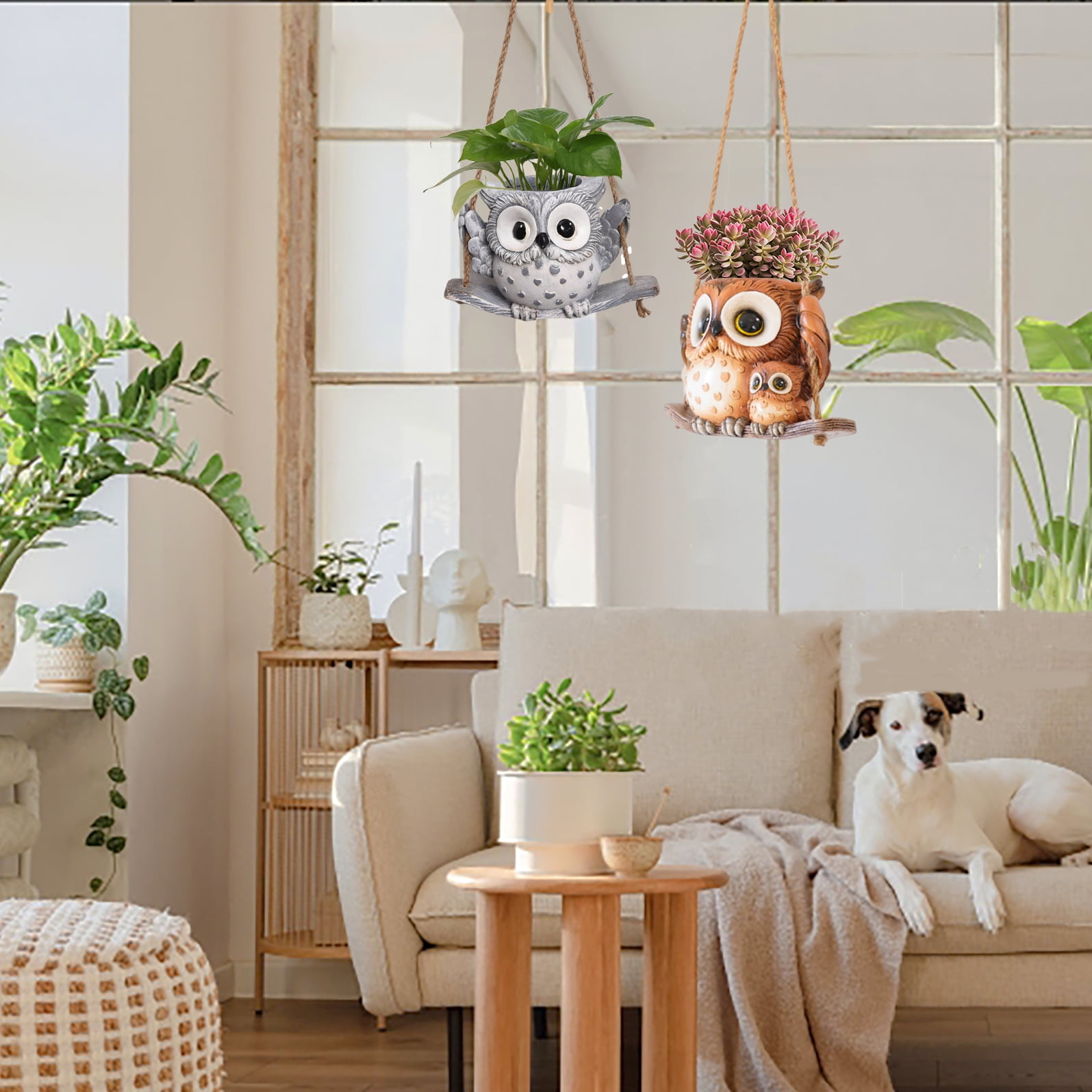 Quoowiit Small Swing Owl Planter Pot,Hanging Planters for Indoor Outdoor Plants with Drainage Holes