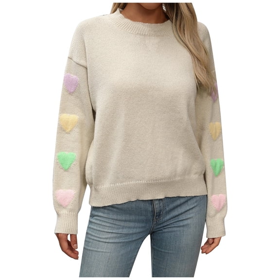 Sweater for Women Colorful Heart Print Long Sleeve Knitted Crew Neck Commute Fall Knitwear