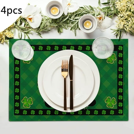 

4PCS St. Patrick s Day Western Placemat Green Table Decoration Non Heat Insulation Linen Placemat