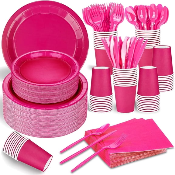 228PCS Hot Pink Party Supplies Set Include Paper Plates Cups Hot Pink Napkins Plastic Spoons Forks Knives for 30Guests Disposable Party Dinnerware Sets for Birthday Wedding Family Picnic