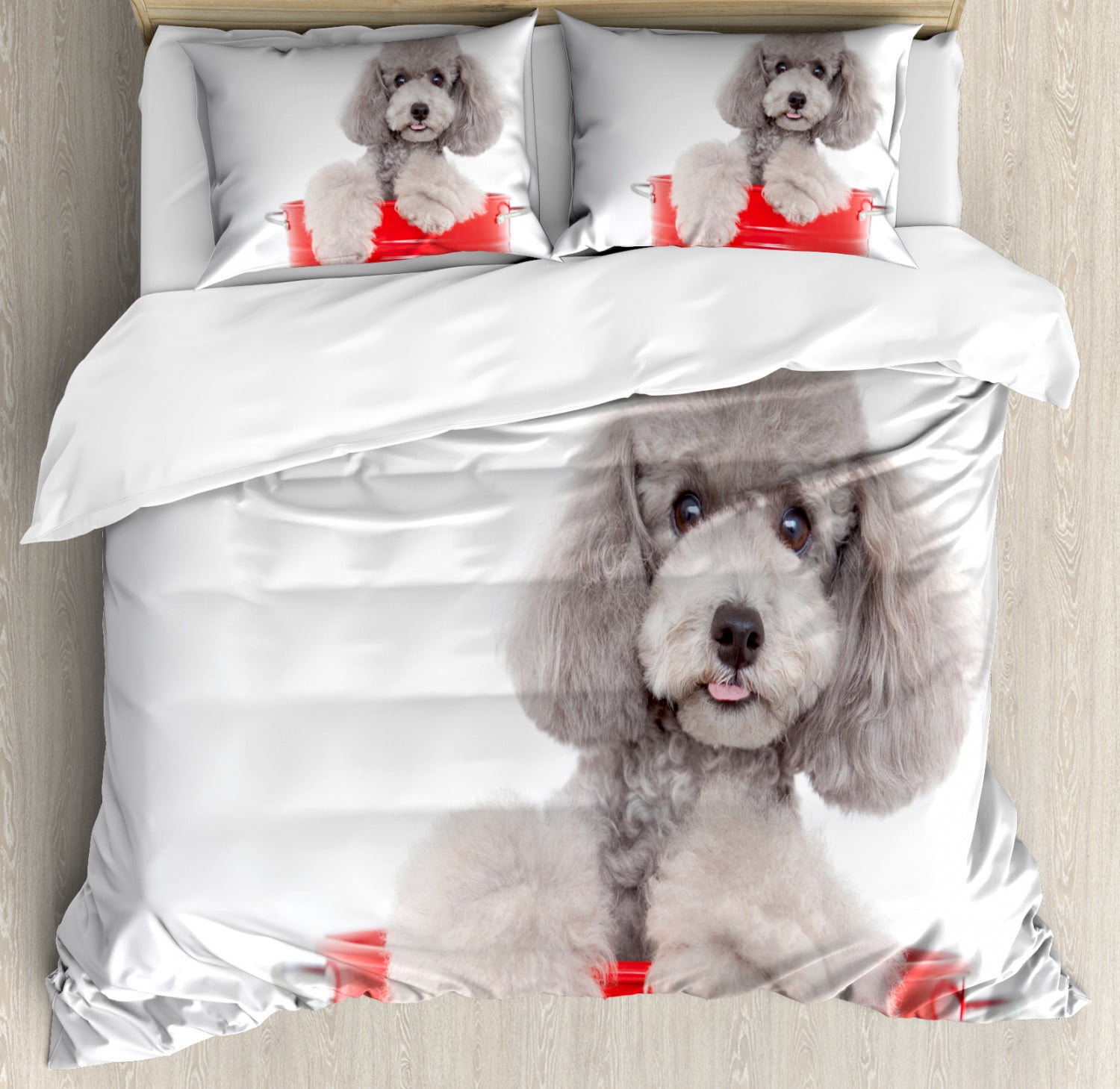 Poodle Duvet Cover Set Queen Size, Pet Animal in a Bucket Posing Puppy