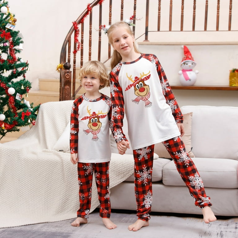 Christmas Matching Family Pajama Set,Christmas Pajamas with Letters and  Check Print Long Sleeve T-Shirts and Bottoms Homewear 