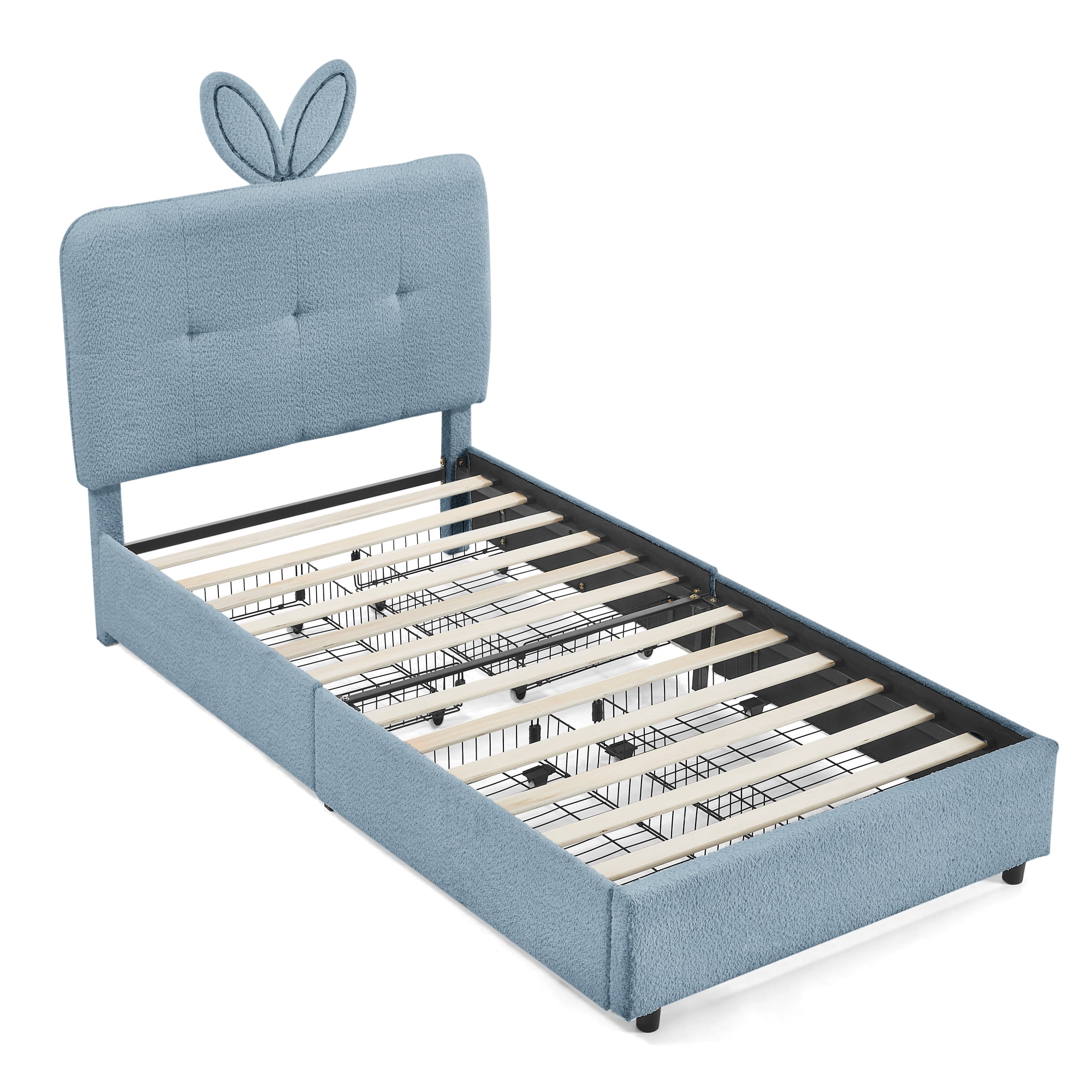 Twin Kids Bed with LED Lights and 4 Storage Drawers, Upholstered Boucle Bed Frame with Rabbit Ear Headboard, Platform Bed for Girls Boys Bedroom, Navy