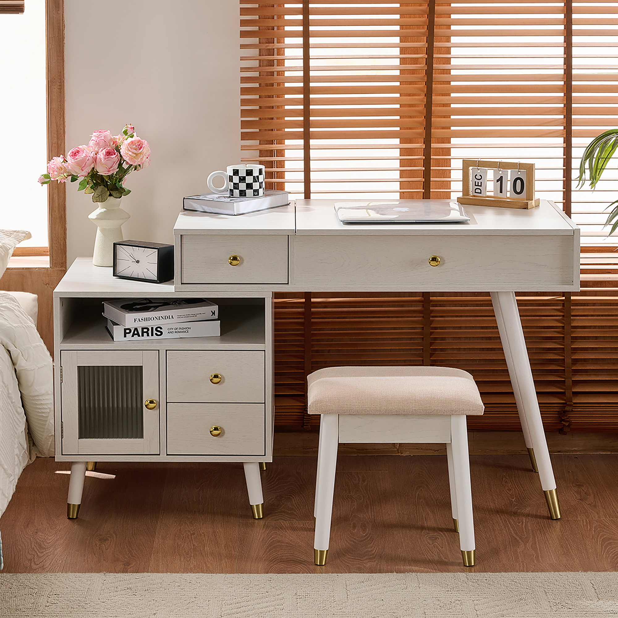 Euroco 3-in-1 Vanity Desk with Lighted Flip-Top Mirror & Adjustable Cabinet, Makeup Dressing Table with Stool, Dresser with Drawers for Bedroom, White