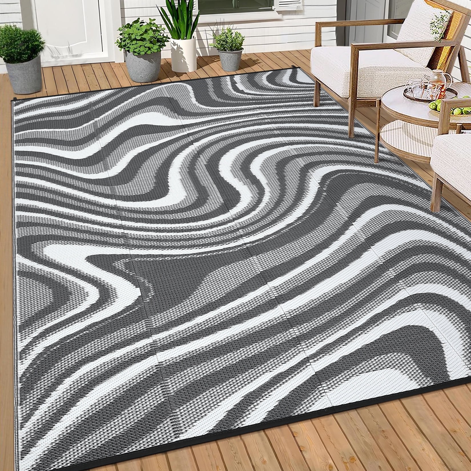 Garvee Outdoor Rug 5'x8' Abstract Plastic Area Rug Waterproof Reversible Outdoor Carpet, Plastic Straw Rug for Patio RV Camping Balcony Deck Backyard, Gray