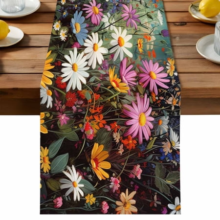 Floral Table Runner Vintage Colorful Daisy Butterfly Nature Cotton Linen Table Cloth Tablerunner for Kitchen Dining Party Wedding Home Decor 13x90 Inch