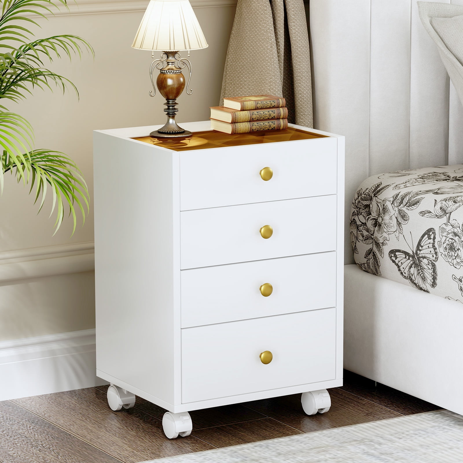 Cyehnenx 4 Drawer File Cabinet, Under Desk Storage, Home Office Vertical Storage Cabinet with Glass Top, Mobile Printer Stand with Lockable Wheels for Home Office Study, White