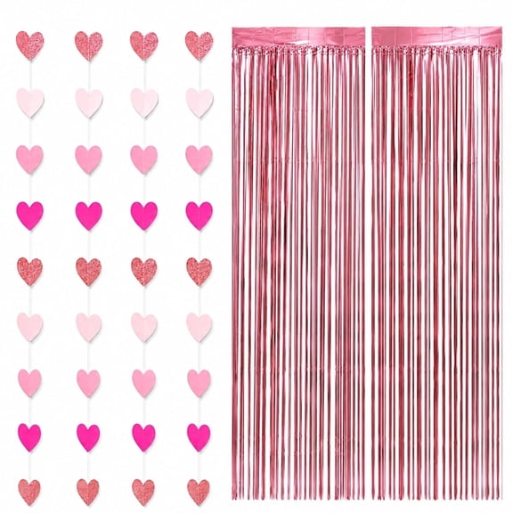 Pink Party Decorations Heart Garland 52ft and 2 pack Tinsel Curtain Backdrop Set for Wedding, Birthday, Anniversary