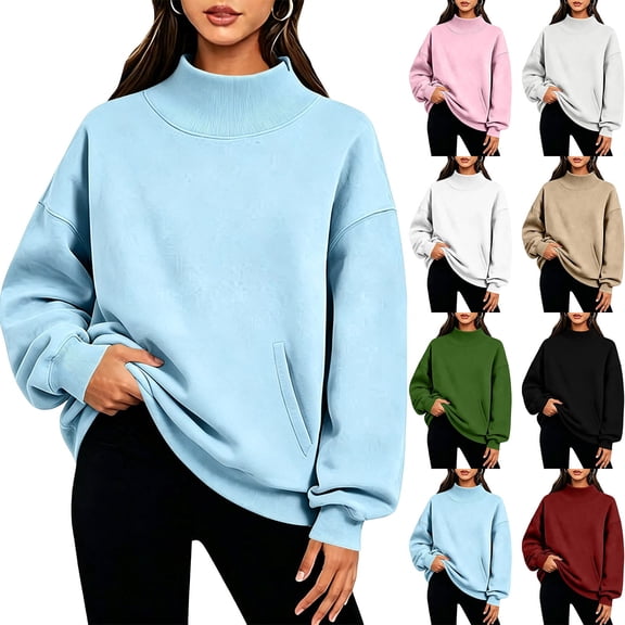 Mineart Women's Pullover Solid Sweatshirt Ribbed Elastic Cuffs Soft Loose Casual Stand Collar Top Autumn Winter Fall Tops 2026 Trendy