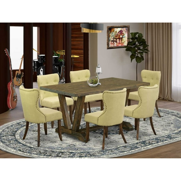 East West Furniture V776SI737-7 7-Pc Kitchen Dining Room Set- 6 Parson Dining Chairs with Limelight Linen Fabric Seat and Button Tufted Chair Back - Rectangular Table Top & Wooden Legs -...