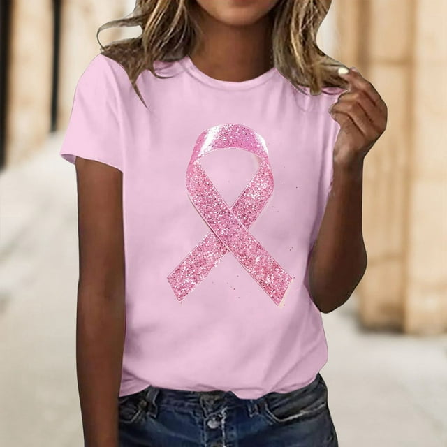 Women's T-Shirts Cancer Awareness Ribbon Print Short Sleeve V Neck T Shirt for Support in Soft Comfortable Fabric