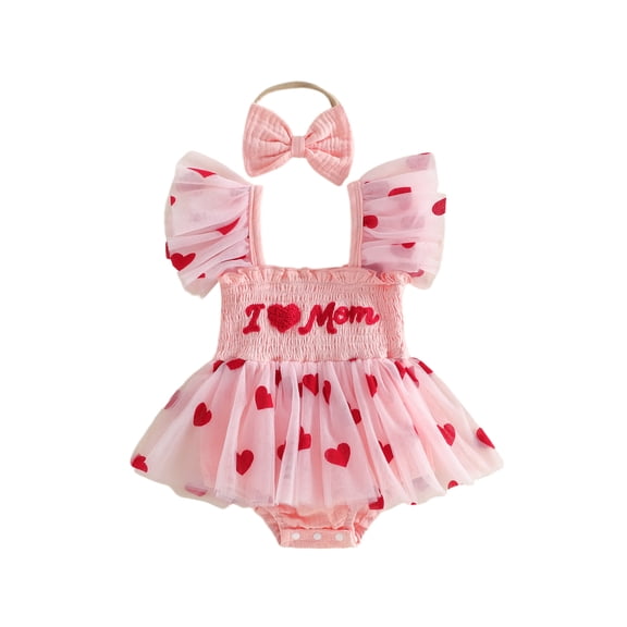 BemeyourBBs Newborn Baby Girls Mother's Day Father's Day Outfit Summer Romper Dress Baby Girl Clothes I Love Mom Dad Letter Heart Smocked Flying Sleeve Tulle Tutu Dress and Bow Headband Set