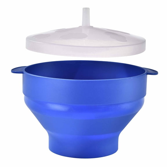 Foldable Silicone Popcorn Maker for Microwave and Oven, Heat Resistant Air Popper with Lid and Handles for Movie Night, Blue