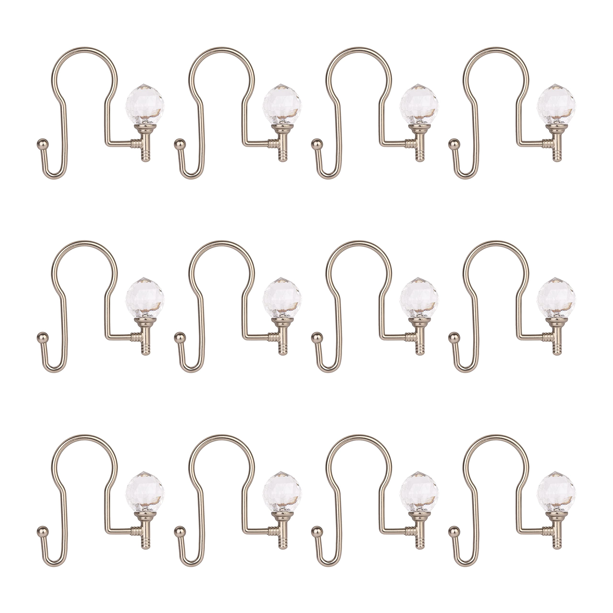 Utopia Alley  Rustproof Zinc Double Shower Curtain Hooks for Bathroom, Crystal Design, Set of 12 Brushed Nickel