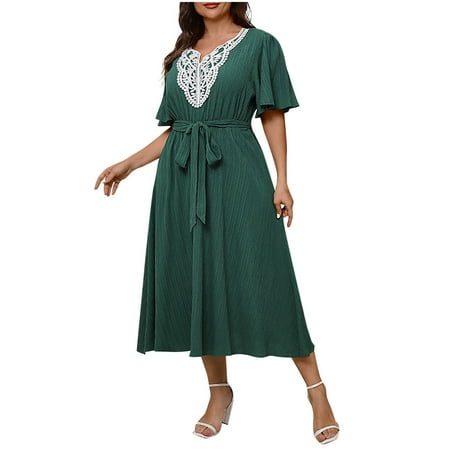 SAFUNY Women s Square Neck Short Sleeve Waist Tie A Line Dress Pullover Pocketed Breathable Date Tea Party Dress Green XL