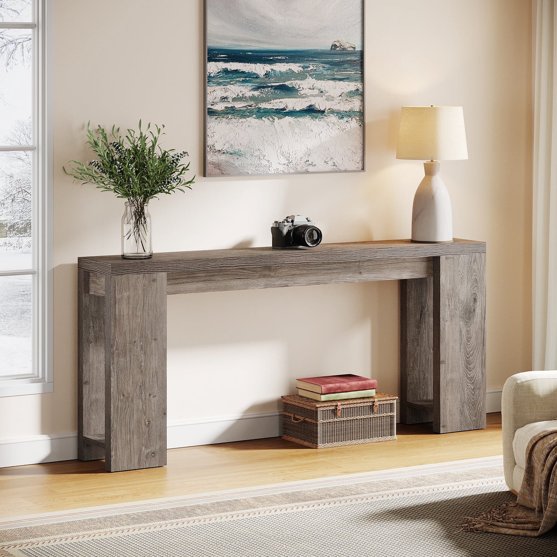 Finmind 71" Long Console Table, Narrow Light Grey Entryway Table Wood Sofa Table