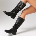 thumbnail image 3 of Slouch Wide Mid Calf Combat Boots for Women Vintage Leather Buckles Low Heel Winter Fall Tall Riding Boots, 3 of 6