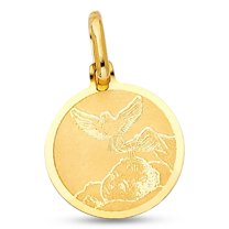 14k Yellow Gold Holy Baptism Pendant Spirit Dove Coin Charm Christian Style Solid Genuine 15 x 15 mm