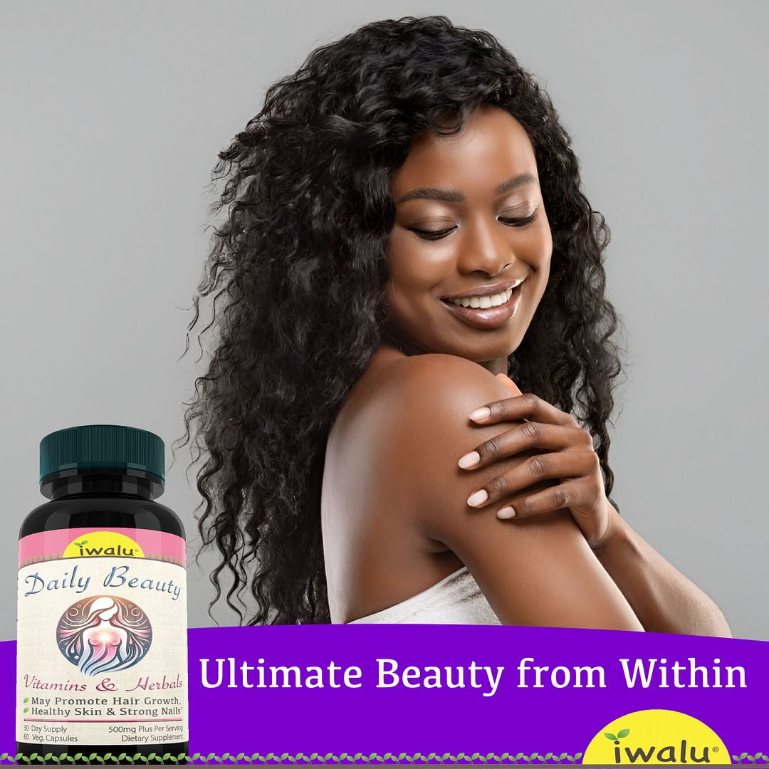 iwalu Daily Beauty | Hair Skin & Nails Vitamins | Botanical Supplement for Hair Growth, Radiant Skin, Strong Nails | Vegan, Non-GMO | 60 Vegan Capsules | NSF Certified & USA Made