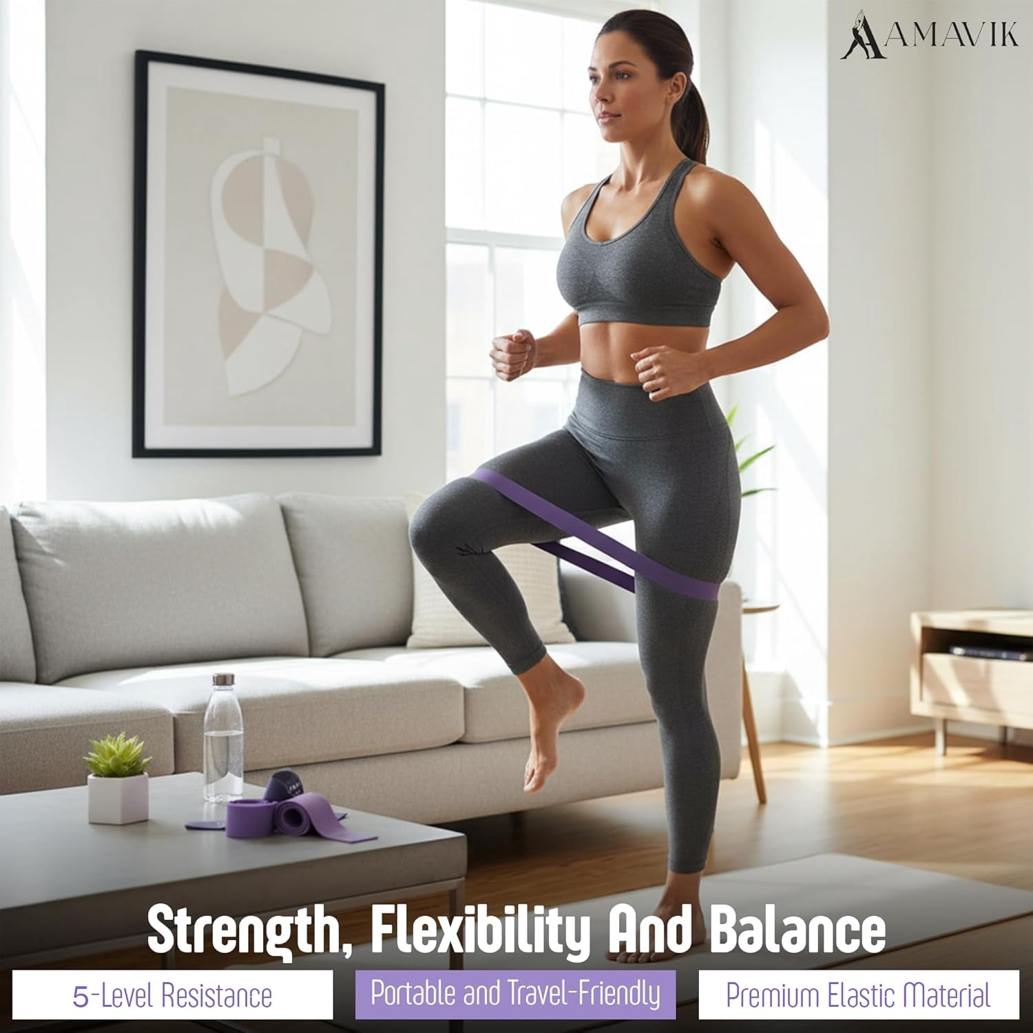 AMAVIK Pilates Kit 15-Piece Home Workout Set of 5 Resistance Bands Pilates Ring and Ball Set with Accessories-A Complete Pilates Set for Women to Improve Strength, Flexibility and Balance Body-Purple