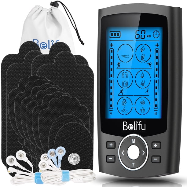 Unidad TENS EMS de doble canal Belifu con 12 electrodos, 24 modos de estimulación muscular, masajeador electrónico de pulsos para aliviar el dolor, bridas de sujeción y bolsa de almacenamiento con cor