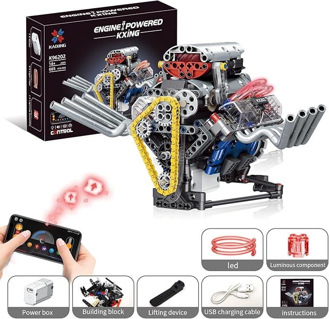 V8 Engine STEM Blocks Toy: Working Visible Car Engine Model with Motor, Lights & App Control, Build Kit for 14+, Office Bedroom Desktop Decoration