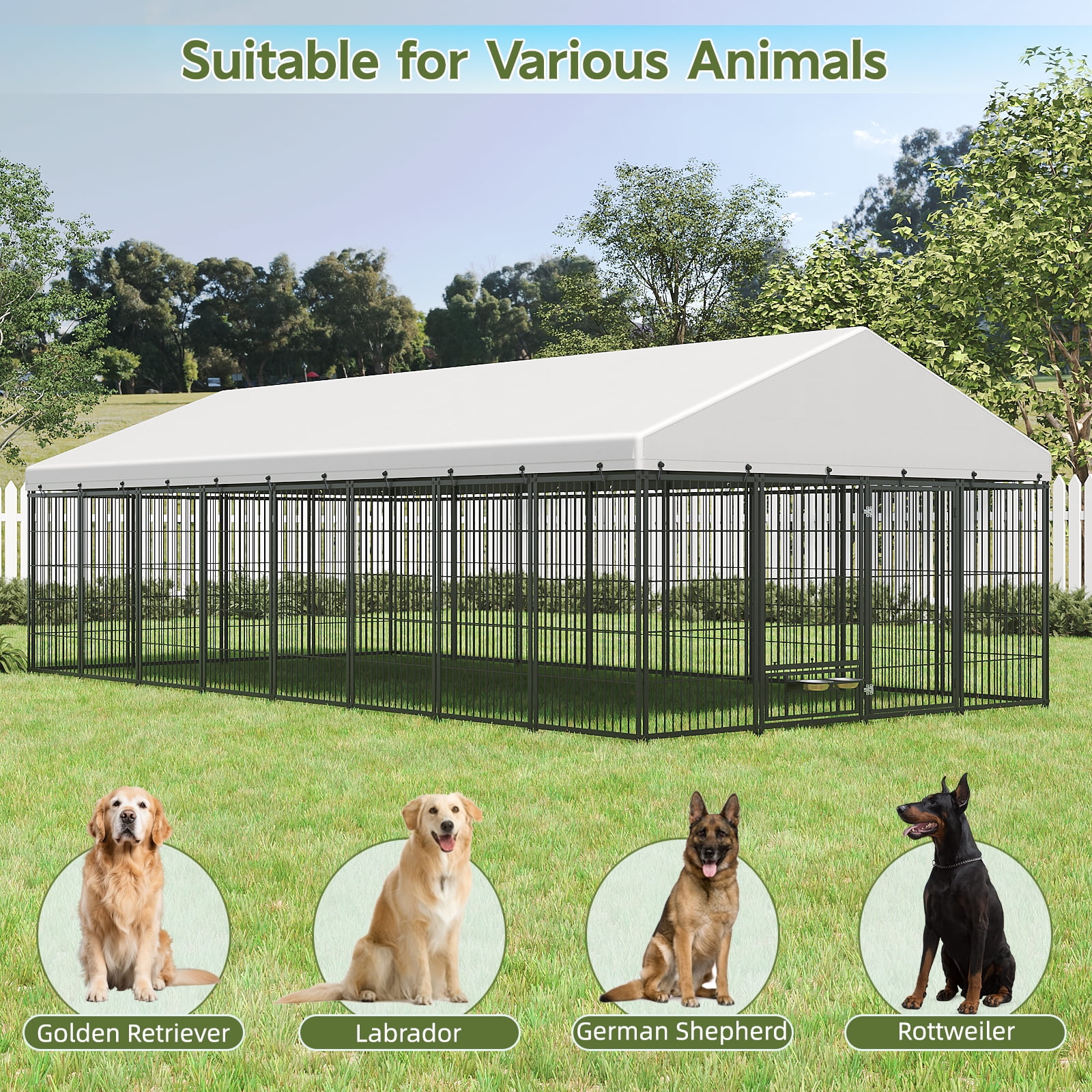 VEPXXP Large Outdoor Dog Kennel 18.9'x9.61'x6.23' Metal Pet Enclosure with Roof & Rotating Feeders