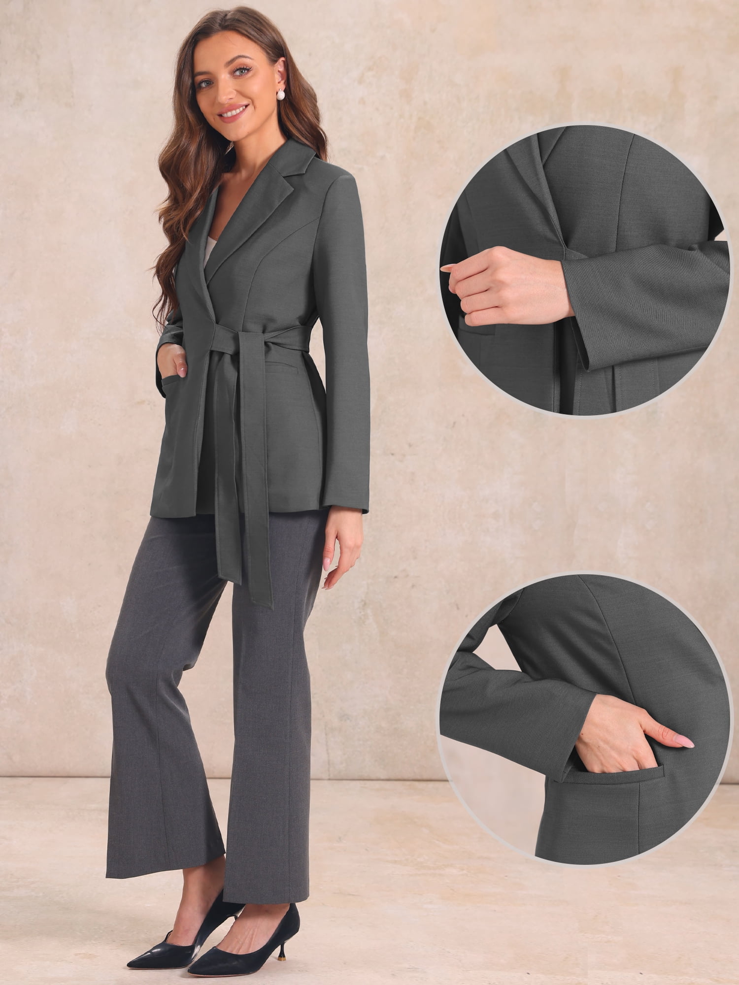DARING DIVA Women's Belted Lapel Long Sleeve Work Office Wrap Blazer Jacket L Dark Gray
