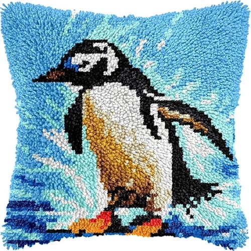 Penguin Latch Hook Kits Pillow DIY Rug Crochet Hook Cushion Making Kits Printed Pattern Canvas Pillowcase Hooking Kits Pillow Cover Crochet Kits 43x43cm(fs01)