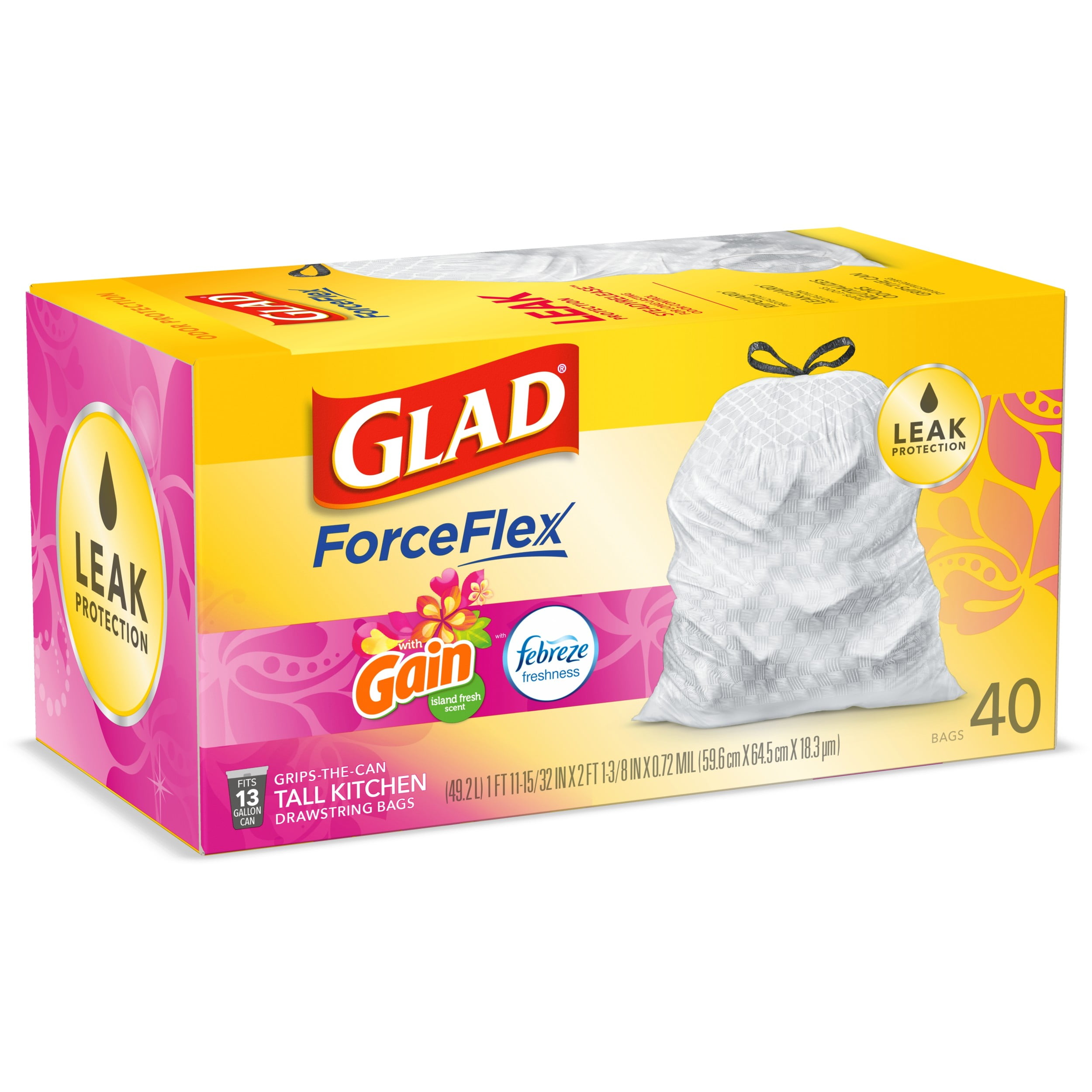 Glad ForceFlex with Febreze Gain Original Scent Tall Kitchen Drawstring Trash  Bags, 40 ct - Smith's Food and Drug