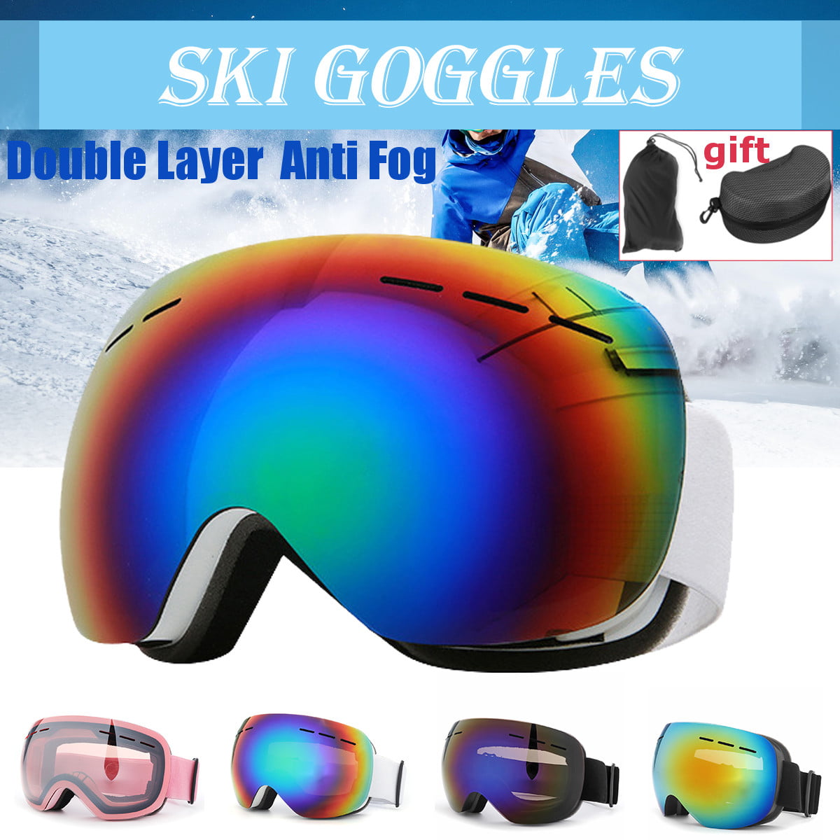 Snow Ski Goggles Anti Fog Dual Lens UV Protection 3 Layers Foam with Pouch 