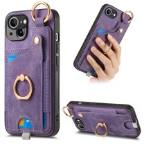 Allytechgroup Wallet Case for iPhone 16e, Support Car Mount, Luxury PU Leather Shockproof Anti-Fall 360° Finger Ring Stand Rotatable Kickstand Case with Magnetic Snap & Card Slots, Purple