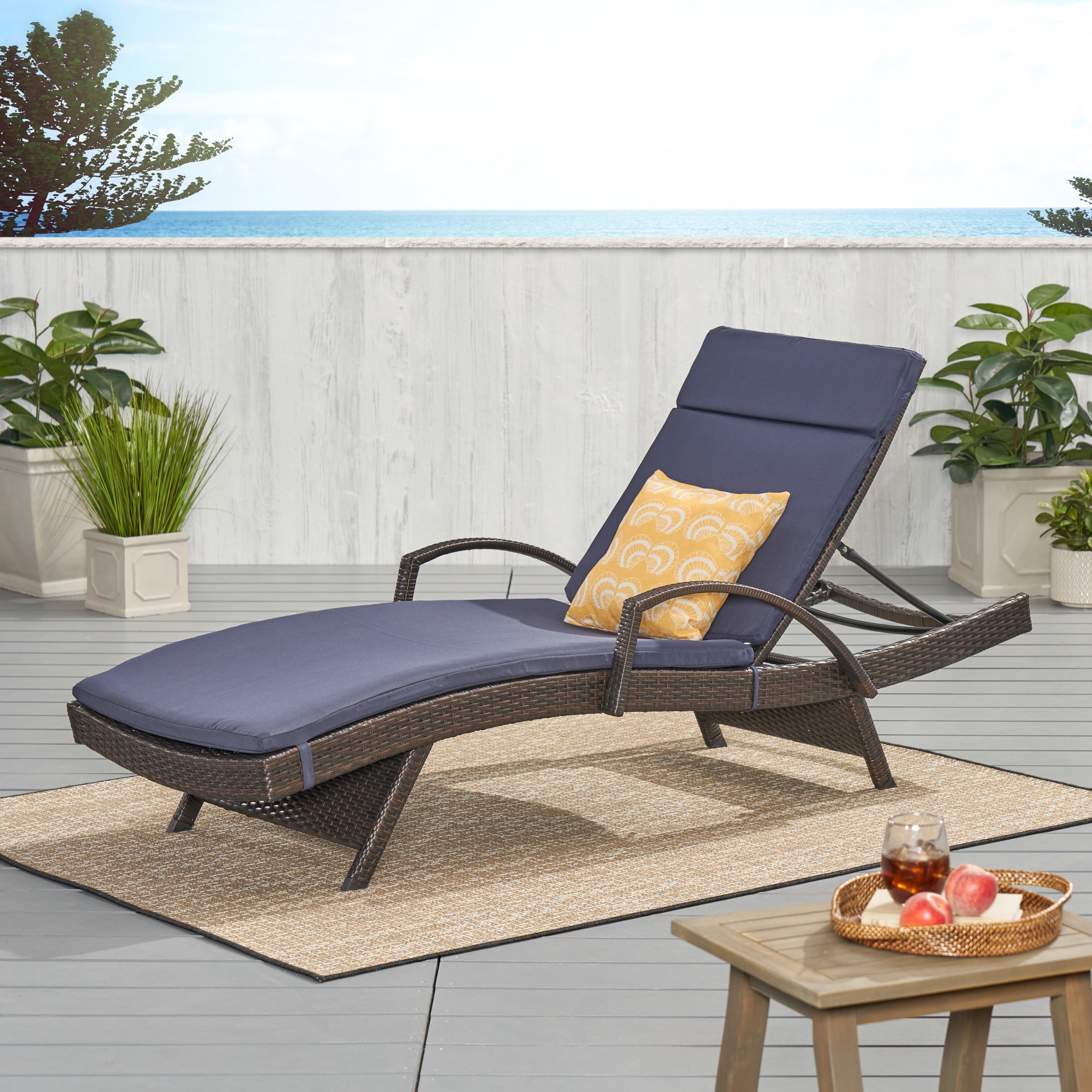Anthony Outdoor Wicker Adjustable Chaise Lounge with Arms and Cushion, Navy Blue