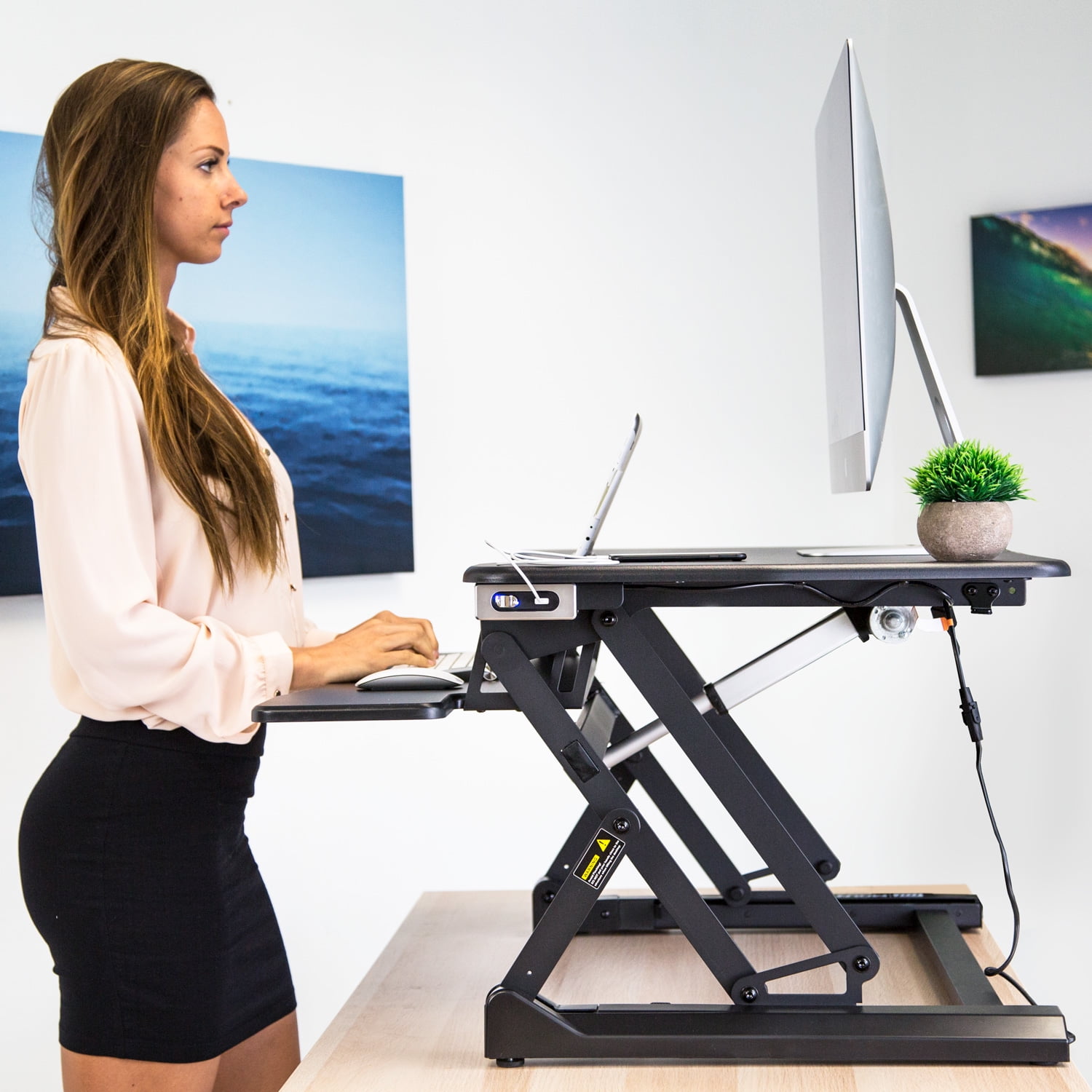Motorized Sit Stand Desk with Built in USB Port Black Electric Standing Desk Converter MI-7965 Ergonomic Adjustable Workstation Mount-It 