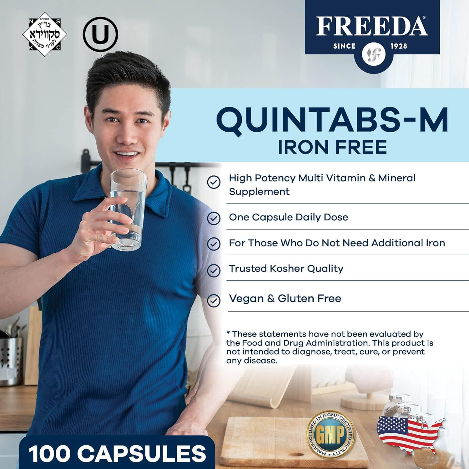 Freeda Quintabs-M Iron-Free One Daily Adult Multivitamin Capsules Gluten Free and Sugar Free Dietary Supplements, 100 Count
