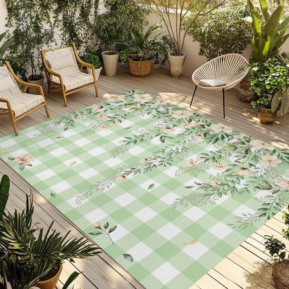 Watercolor Floral Outdoor Rug for Patio/Deck/Porch, Non-Slip Large Area Rug 5 x 7 Ft, Spring Flowers Leaves Botanical Green Plaid Indoor Outdoor Rugs Washable Area Rugs, Camping Rug Carpet Runner