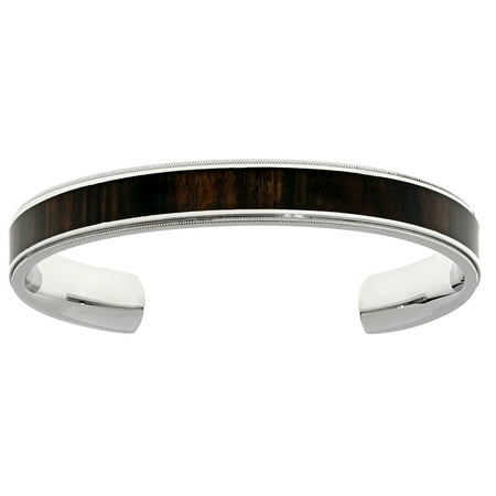 Wood Bangle - Stainless Steel Cuff Bangle Bracelet with Wood Accent
