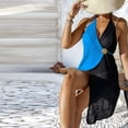 thumbnail image 4 of Qzwdhjm Womens Crochet Bathing Suit Coverup Halter Color Block Mini Dress Sleeveless Wrap Swimsuit Coverups Beach Loungewear Cover Up, 4 of 7
