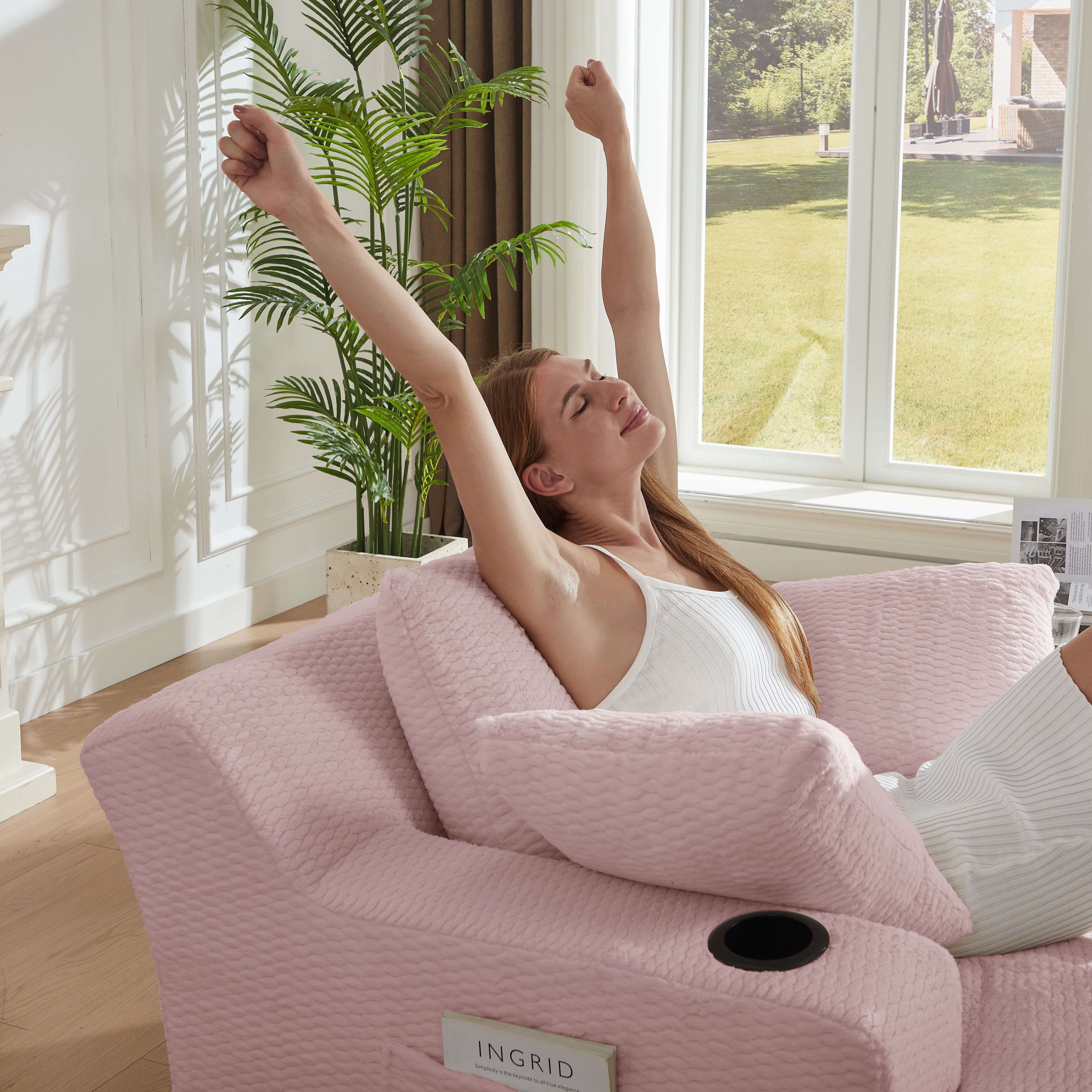 MAYEERTY Oversized Chaise Lounge Chair, Comfy Sleeper with Cup Holders for Living Room & Office, 49*66*28" Pink