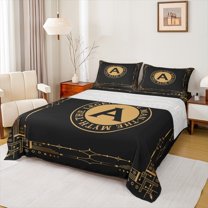 Manfei Initial A Letter Twin Sheet Sets, Black Gold Aztec Geometric Twin Fitted Sheet, Vintage Western Style Flat Sheet, Lightweight Room Decor, 3-Piece