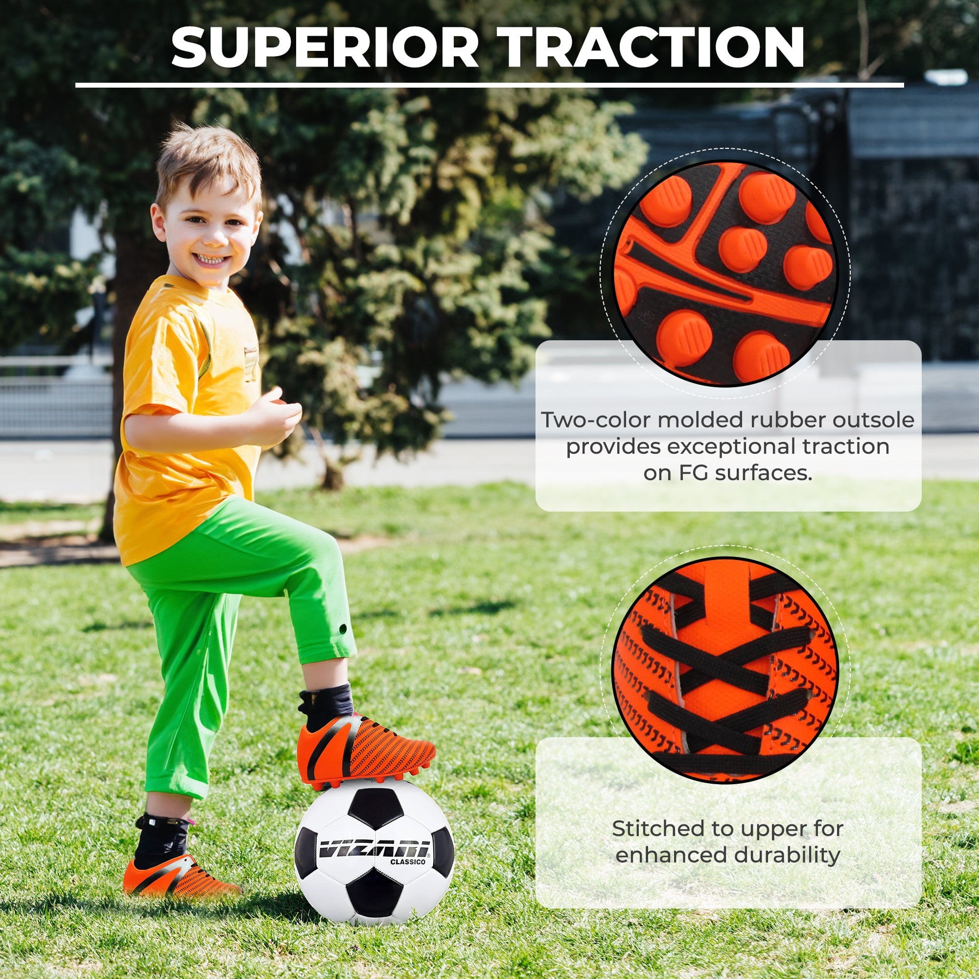 Vizari USA Impact Firm Ground Soccer Cleats for Kids – Comfortable, Lightweight, and Durable Shoes for Toddlers, Little Kids, and Big Kids - Orange/Silver, 10