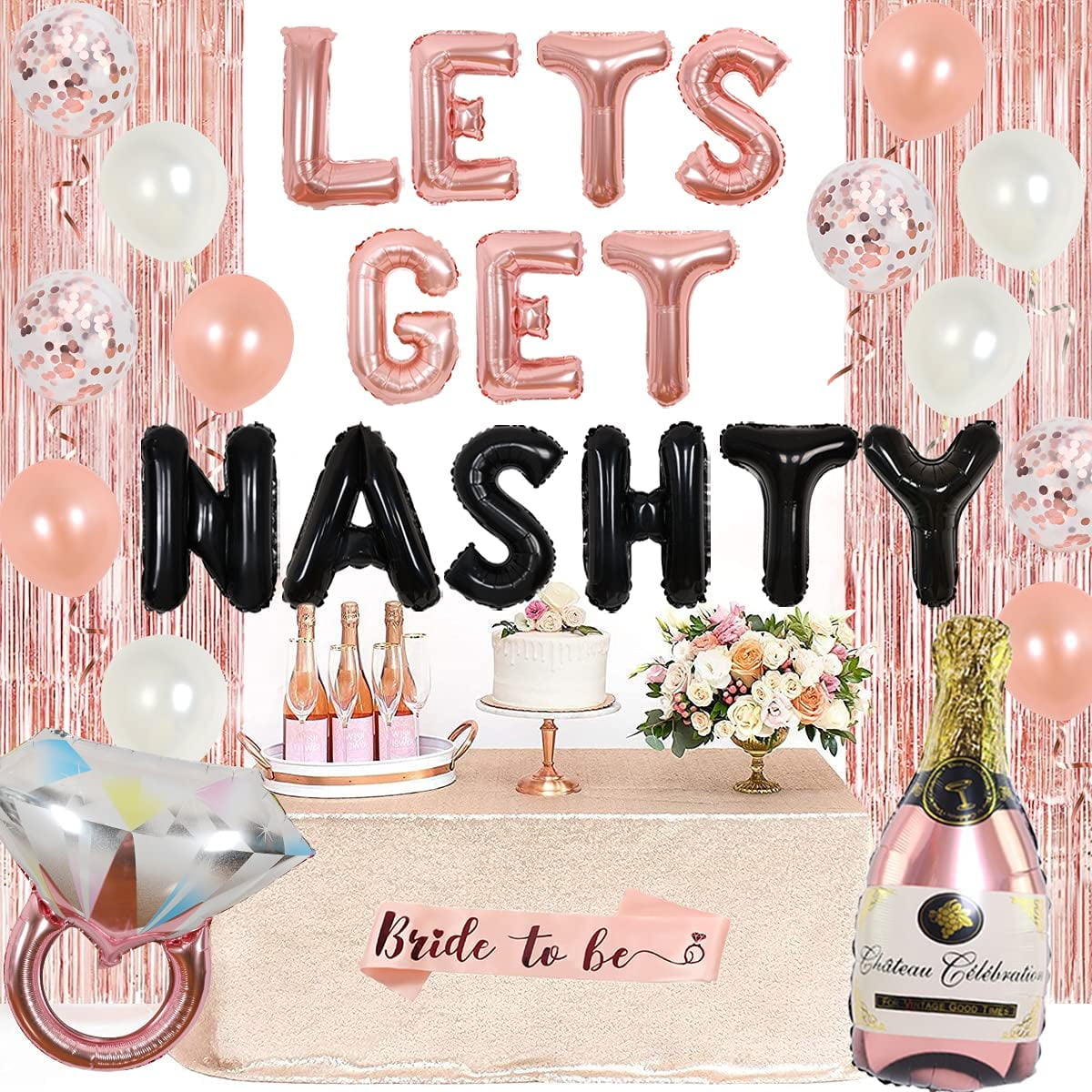 Let's Get Nashty Decorations Nashville Bachelorette Party Supplies Let's Get Nashty Balloons Banner Rose Gold Fringe Curtain Bride to One Sash for Women Bridal Shower